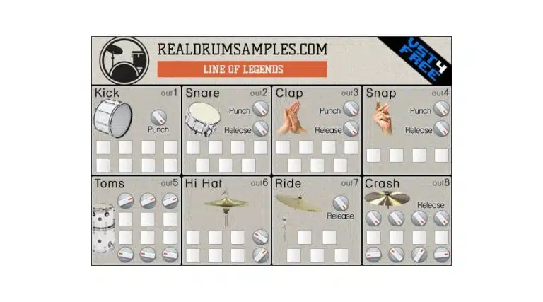Screenshot of "Line of Legends" features buttons for a variety of drum sounds, including kick, snare, clap, snap, toms, hi-hat, ride, and crash. Each sound comes with punch and release options that have corresponding output channels.