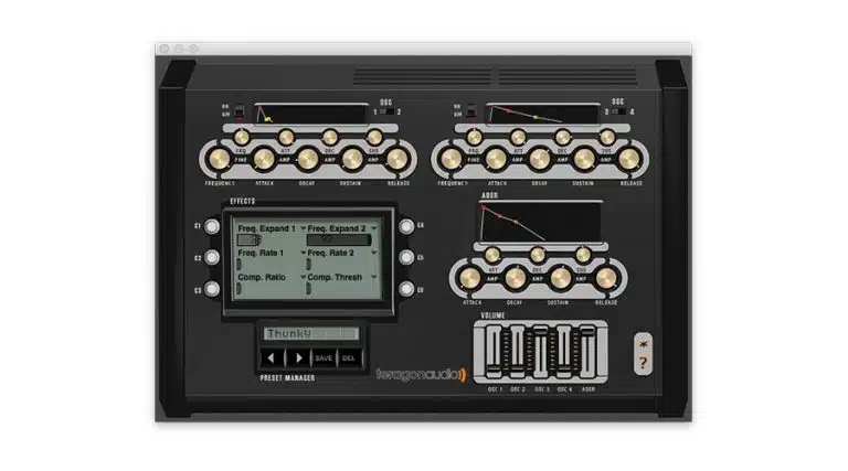 Screenshot of the Teragon Kickmaker interface, it consists of three primary sections equipped with knobs for adjusting frequencies, amplification, effects, and various sound parameters. Accompanying these controls is a display screen that showcases the current settings. For additional sound control options, there are sliders integrated into the interface. The overall design is sleek and technical in appearance.