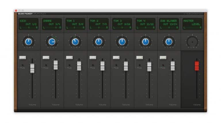 Screenshot of the "Sean Pandy" drum machine, featuring seven channels dedicated to kick, snare, tom 1, tom 2, tom 3, sub blaster, and master level. Each channel includes blue knobs for fine-tuning specific parameters, sliders to control volume levels precisely, and mute buttons for silencing individual tracks.