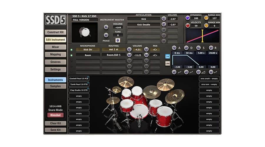 Screenshot of the SSD5 drum plugin. The interface features options for instrument selection, microphone levels, volume, panning, and tuning. In the center of the screen is a virtual red drum kit.
