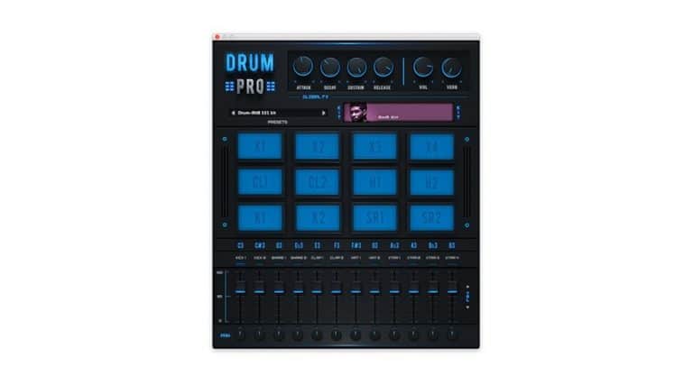 Screenshot of the Drum Pro virtual drum machine. The interface features blue drum pad buttons labeled with alphanumeric codes, multiple control knobs, sliders, and various settings and options.