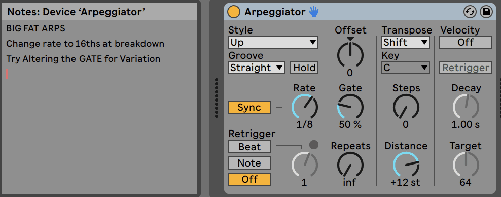 Screen shot from Ableton Live showing Notes written using Edit Info text option.