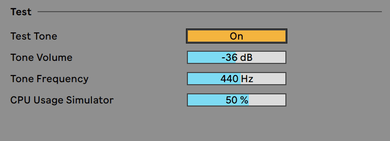 Screen shot from Ableton Live showing test tone menu