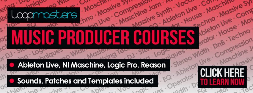 The banner promotes Loopmasters' Music Producer Courses and highlights the inclusion of tools like Ableton Live, NI Maschine, Logic Pro, and Reason. Alongside these, it offers sounds, patches, and templates. A call-to-action button invites users to "CLICK HERE TO LEARN NOW," all set against a background filled with music production terms.