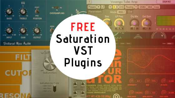 A collage of digital audio plugins showcases various interfaces featuring knobs, dials, and meters, while at the center, a white circle highlights the text "FREE Saturation VST Plugins" in striking red and black.