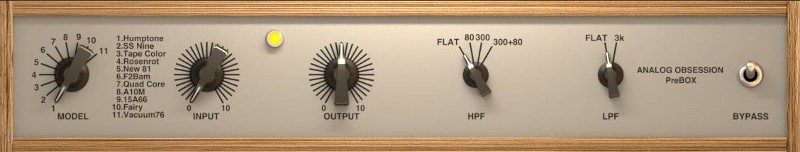 Screenshot of "Analog Obsession PreBOX." Featuring five distinct knobs—"MODEL," "INPUT," "OUTPUT," "HPF," and "LPF"—each set to different levels, the MODEL knob offers various settings. A light indicator complements the array of controls on this detailed interface.