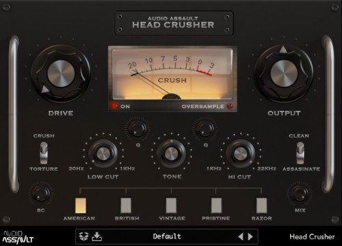 The Audio Assault Head Crusher interface has various controls including knobs for drive, output, low cut, tone, and high cut. Buttons allow you to switch between different distortion modes, while a large meter display provides visual feedback.