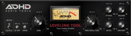Depicted is a black audio processing interface labeled "ADHD Leveling Tool," featuring various knobs for output, gain, attack, release, ratio, and dry/wet mix. Central to the device is a VU meter that monitors levels and is highlighted in yellow and red to indicate audio intensity.