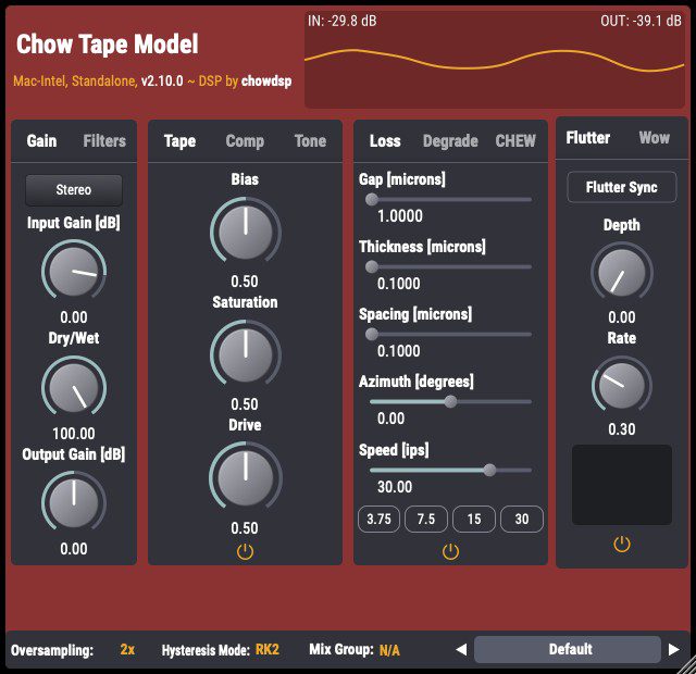 The interface of a digital audio plugin named "Chow Tape Model" is adorned with various controls designed for tape emulation. These include settings for gain, tone, bias, saturation, drive, gap, thickness, spacing, azimuth, speed, flutter sync, depth, and rate. Additionally displayed are the current presets and settings in use.