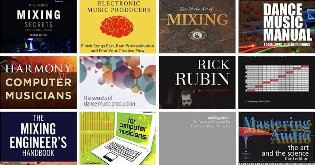 Against a visually engaging backdrop, 12 book covers focused on music production and mixing take center stage. Titles showcased include "Mixing Secrets" "Electronic Music Producers" "Mixing," "Dance Music Manual" and "Harmony for Computer Musicians." The collection also highlights works such as "Rick Rubin in the Studio" and "Mastering Audio," among other essential reads for enthusiasts and professionals alike.
