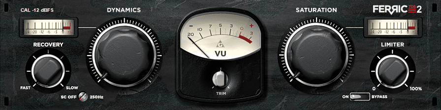The control interface of the audio plugin FerricTDS mkII includes knobs for Recovery, Dynamics, and Saturation. A VU meter is also prominently displayed, along with labels indicating settings like Fast, Slow, 32Hz, and Limiter. Additionally, there is a Bypass option available.