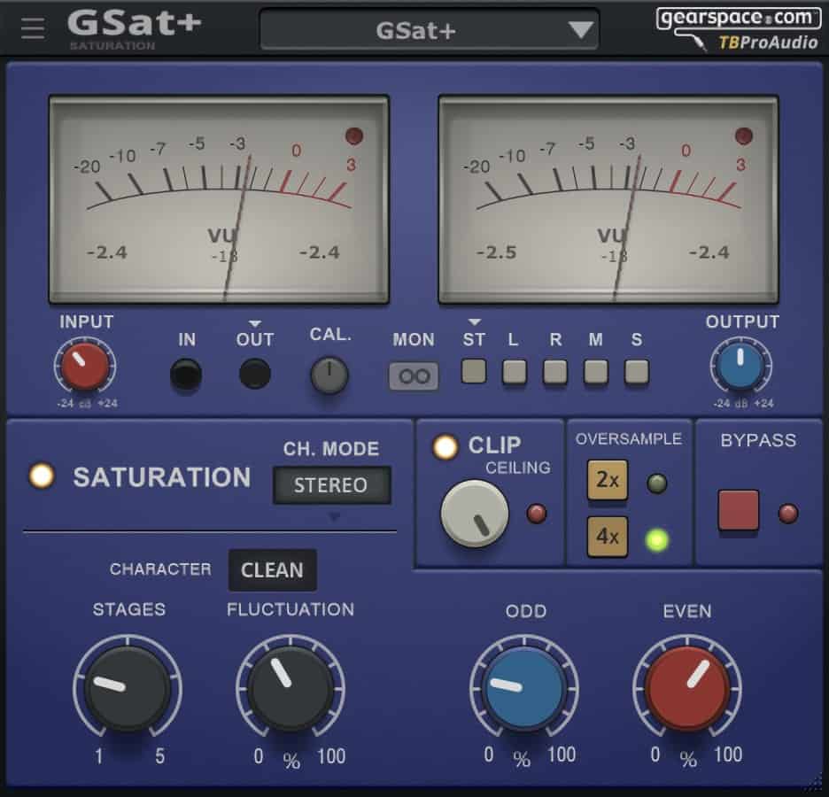 Displayed on the screen is the user interface of the GSAT+ saturation plugin by TBProAudio, which includes two VU meters and various controls for input and output. It allows for customization with settings related to saturation and switches that manage channel mode, clip ceiling, character, stages, fluctuation, and oversampling.