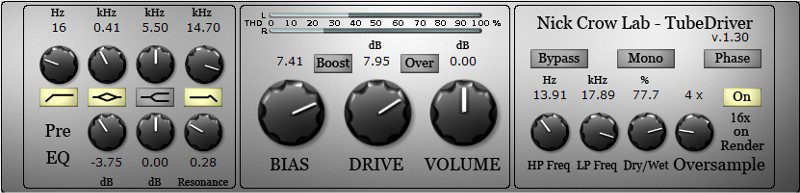 Depicting the Nick Crow Lab TubeDriver v1.30 plugin interface, it features knobs for Pre EQ (Hz), Bias, Drive, and Volume. The controls also include Bypass, Mono, and Phase options. Additional settings like HP Prep, LP Prep, and Oversample are complemented by a visual display for enhanced user interaction.
