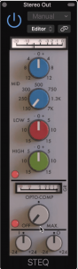 The image depicts an audio mixer channel strip labeled “Stereo Out,” equipped with dials to adjust MID, LOW, and HIGH frequencies. Additionally, it includes an OPT-COMP compression slider and a fader positioned at the bottom. Numeric values are present on the controls for precise adjustments.