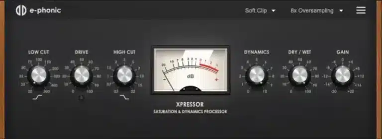 A digital interface of an audio saturation and dynamics processor plugin called "Xpresso" by e-phonic features various knobs for low cut, drive, high cut, dynamics, dry/wet, and gain around a central meter displaying decibel levels.