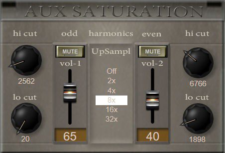 The digital audio plugin interface named "AUX SATURATION" includes controls for high and low-frequency cuts, harmonics, volume sliders, and an upsample setting, offering multiple adjustable options for audio effects modulation.