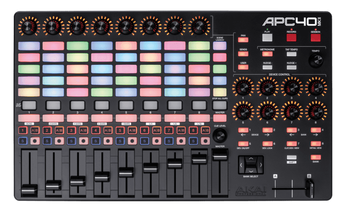 The AKAI Professional APC40 mkII MIDI controller is displayed with eight rows of variously colored backlit pads, numerous knobs, and sliders designed for music production and control. Additional buttons and controls for various functions are located in the top-right corner.