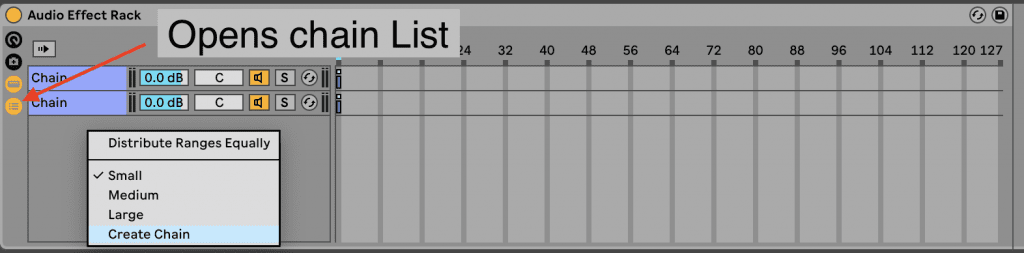 The screenshot of Ableton's Audio Effect Rack panel. Visible are two chains both labeled "Chain". A menu offers options such as "Distribute Ranges Equally" and "Create Chain" which is highlighte in blue. Additionally, a red arrow highlights the icon for opening the chain list.