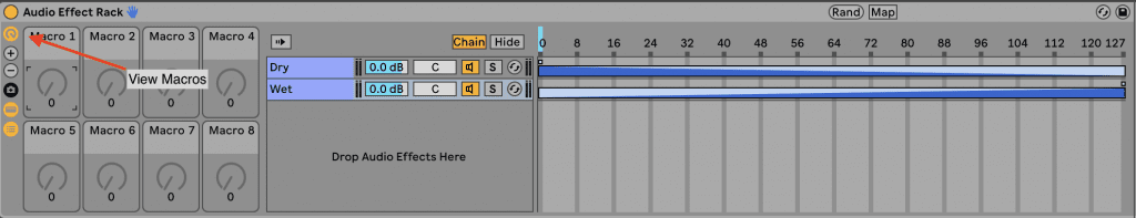 The screenshot shows an audio effect rack in Ableton Live. A red arrow highlights the "View Macros" button. To the right, the chain selector shows two channels Wet & Dry.