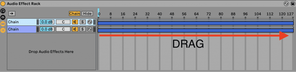 The screenshot of a digital audio workstation displays an Audio Effect Rack containing two chain channels, with both channels showing a volume level of 0.00 dB. Additionally, a red arrow labeled "DRAG" points to the right showing which way to drag the chain selector.