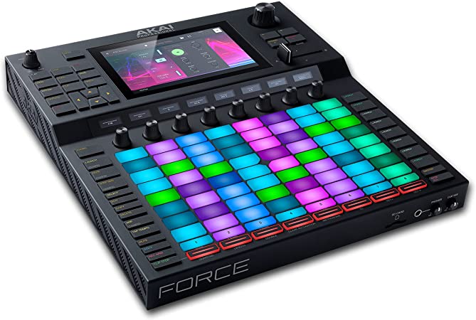 Product photo of the  AKAI Force music production workstation, showcasing a large multi-color grid of buttons complemented by a touch screen display that presents waveforms and various control options. Numerous knobs, sliders, and other controls are also visible, all on a sleek black unit with the AKAI logo prominently displayed at the top.
