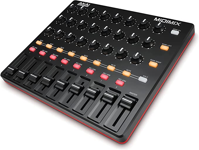 The AKAI MIDImix MIDI controller is depicted with its black surface adorned by multiple rows of knobs, faders, and buttons in vibrant red, yellow, and black colors. The top-left corner prominently displays the "AKAI Professional" brand logo in white, while "MIDImix" is positioned on the top-right.