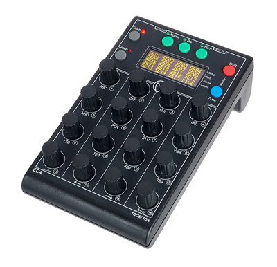 Product photo of the  Faderfox EC4 black MIDI controller features multiple knobs and buttons, including 17 rotary knobs, 7 black buttons, 3 green buttons, and 1 red button. Two small digital displays are mounted on the device to show various parameters. It is labeled "Faderfox EC4.