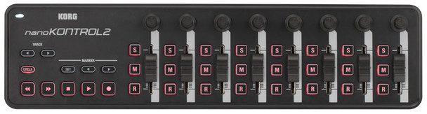 Product photo of the black Korg nano KONTROL2 MIDI controller, features eight sliders, each paired with a corresponding knob and three buttons labeled "S" "M" and "R" underneath. To the left side, there are additional function buttons for tasks such as track control and marker management.
