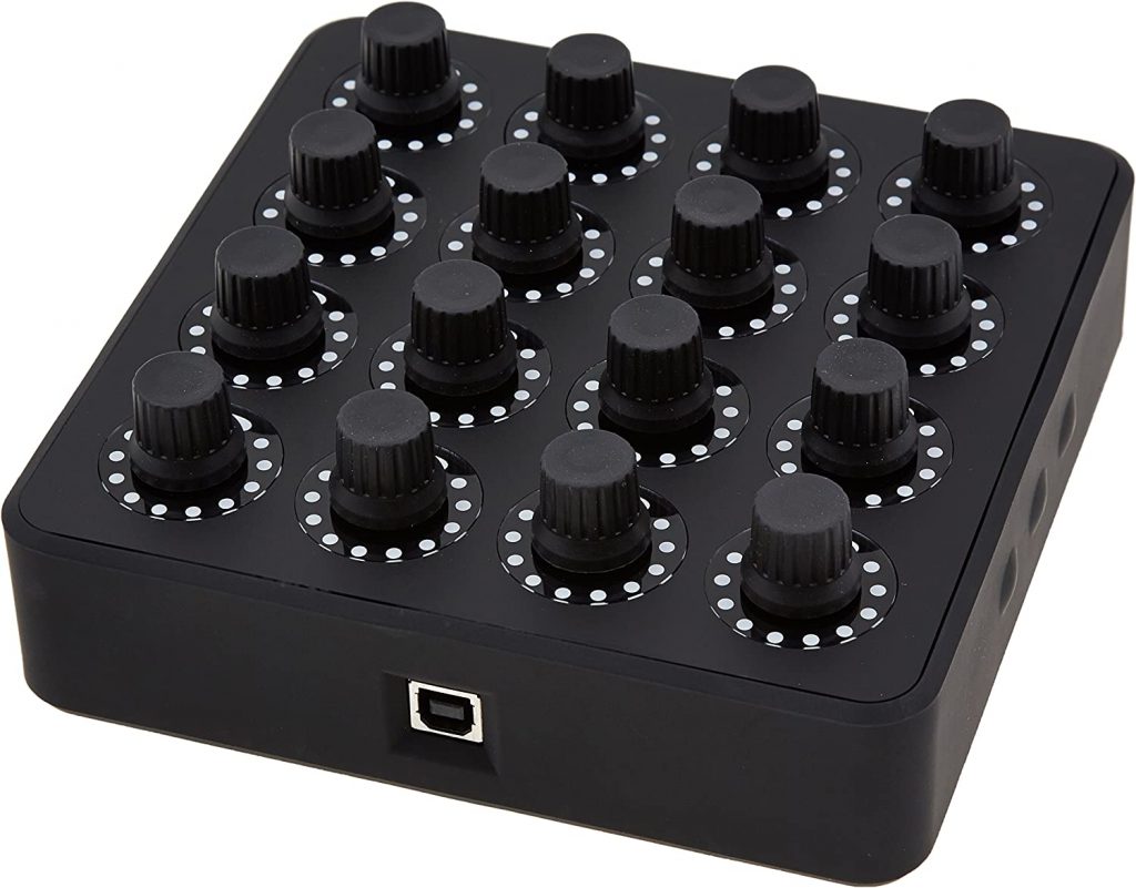 Product photo of the Midi Twister Fighter - A black MIDI controller features 16 black knobs arranged in a 4x4 grid, each encircled by a ring of white dots. Connectivity is facilitated through a USB port located on the side.