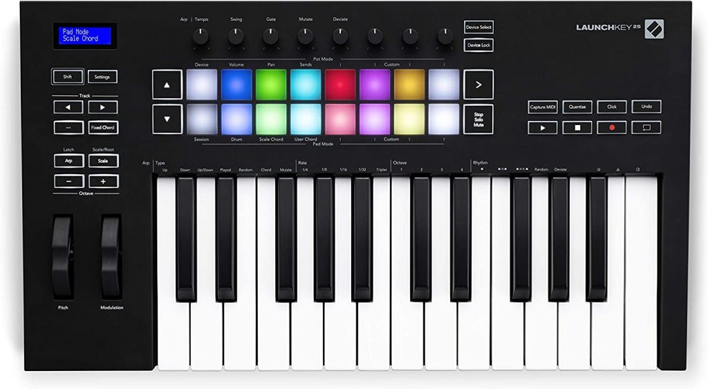 The black MIDI keyboard controller features 25 keys and includes 16 RGB backlit drum pads arranged in a 4x4 grid situated above the keys. Various control knobs and buttons are also present on the device, which displays the label "Launchkey" on the top right. An array of input and navigation options enhances its functionality.