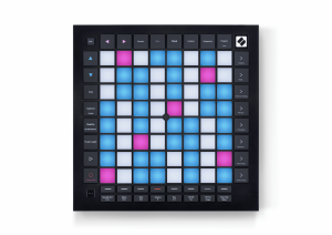 Product photo of the Novation Launchpad Pro mk3, featuring a black square MIDI controller equipped with an 8x8 grid of square, backlit pads that illuminate in blue and pink. Various buttons for navigation, session control, and settings are situated around the grid.