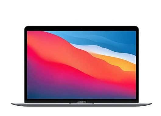 Displayed on the 13-inch screen of a MacBook Air laptop is a colorful abstract wallpaper featuring vibrant shades of red, orange, blue, and white. The device boasts a sleek, slim design complemented by a black keyboard and encased in a silver body.