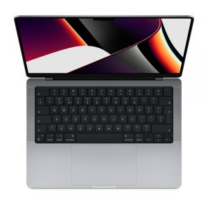 Viewed from above, a silver laptop showcases a black keyboard paired with a large trackpad. Its screen reveals an abstract, colorful design featuring shades of red, black, and white. The overall appearance is sleek and modern.