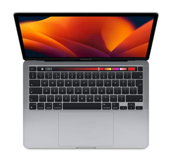 Photo of a Macbook Pro M2 laptop with a partially lit screen displays an abstract orange and red background. The keyboard is backlit with a Touch Bar above it, featuring various icons and shortcuts. The laptop has a minimalist silver design with a large trackpad.