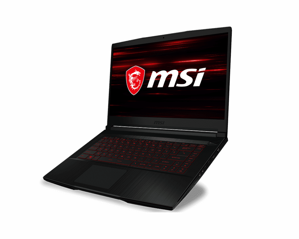 A black MSI GF 63 aptop is open with its screen turned on, displaying the MSI logo and a red and black background. The keyboard is illuminated with red backlighting, and the laptop is set against a plain black background.