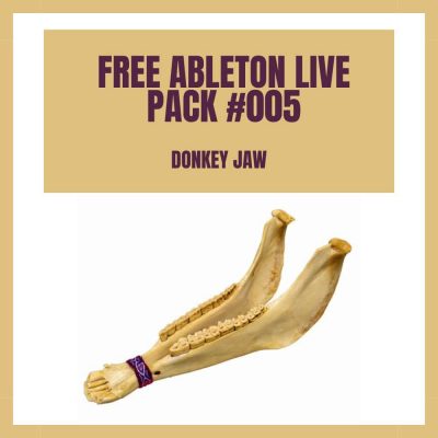 Promotional material for Free Ableton Live Pack #005 showcases a sound sample titled "Donkey Jaw." The artwork features a meticulously detailed illustration of a donkey jawbone adorned with a purple ribbon, capturing the essence of the unique sample.