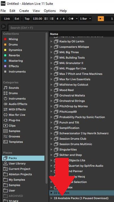 The Ableton Live 11 Suite interface screenshot showcases the browser section, featuring categories such as Collections, Categories, and Places. Within the Packs folder, multiple installed packs are visible, with a large red arrow highlighting "19 Available Packs (1 Paused Download)" at the bottom.