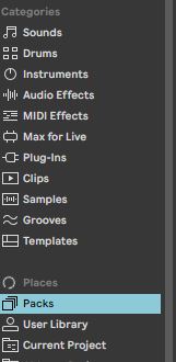 Ableton interface presents a range of categories including Sounds, Drums, Instruments, Audio Effects, MIDI Effects, Max for Live, Plug-Ins, Clips, Samples, Grooves, and Templates. In the 'Places' section are options like Packs (currently highlighted), User Library, and Current Project.