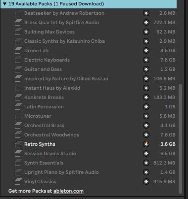 The screenshot captures Ableton interface displaying a selection of 19 downloadable packs. Titles such as "Brass Quartet," "Building Max Devices," and "Retro Synths" are featured among the list. Each pack's file size is indicated, measured in either megabytes (MB) or gigabytes (GB).