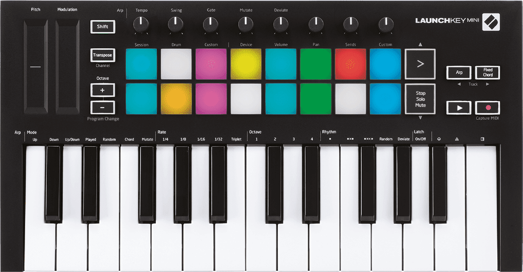 Photo of the Novation launchpad mini MIDI keyboard, displays 16 colorful pads, a variety of control buttons, knobs, and sliders. The keys display in black and white with labels such as "Shift," "Launchkey Mini," and "Octave."