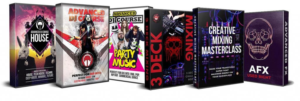 Displayed on six boxes are a series titled "Advanced DJ Course." One cover, "House," features a rabbit DJ, while another, "Party Music," shows four DJs amidst party scenes. The "3 Deck Mixing" cover highlights DJ equipment. Additionally, the set includes "Creative Mixing Masterclass" and "AFX Used Right".