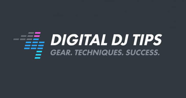 The logo of Digital DJ Tips showcases a stylized design featuring overlapping angled squares in gray, blue, and pink on the left. On the right side, bold white letters spell out "DIGITAL DJ TIPS." Beneath this text, smaller white lettering reads "GEAR. TECHNIQUES. SUCCESS.