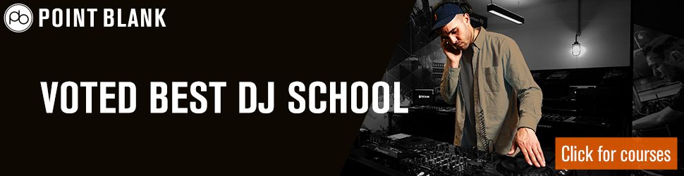 Advertising banner. Shows picture of a young male DJing in a studio with text, Point Blank Voted Best DJ School Click for courses.