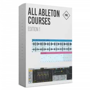 The product box for "All Ableton Courses Edition 1" by PML showcases a waveform and synth tracks from the Ableton Live software interface prominently on the front, clearly indicating its focus on music production. The PML logo is positioned in the top right corner.