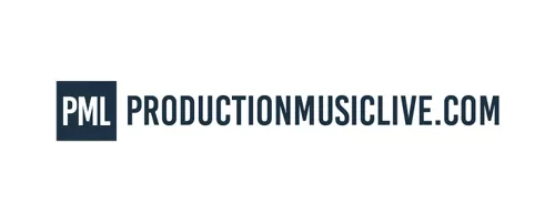The logo of Production Music Live includes the text "PML" inside a dark blue square on the left, accompanied by the full website name "PRODUCTIONMUSICLIVE.COM" in capital letters. The design uses a clean, sans-serif font on a white background.