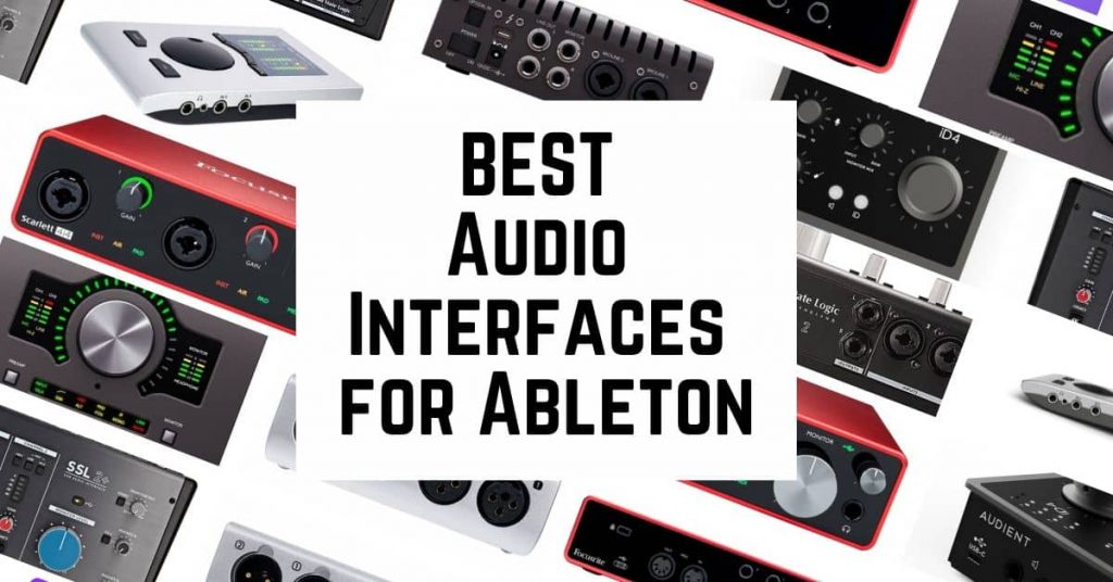 Framed by a collage of various audio interfaces, a central white rectangle features the text "BEST Audio INTERFACES FOR ABLETON." Highlighting different designs and colors, the collection includes well-known brands like Focusrite, SSL, and Audient.
