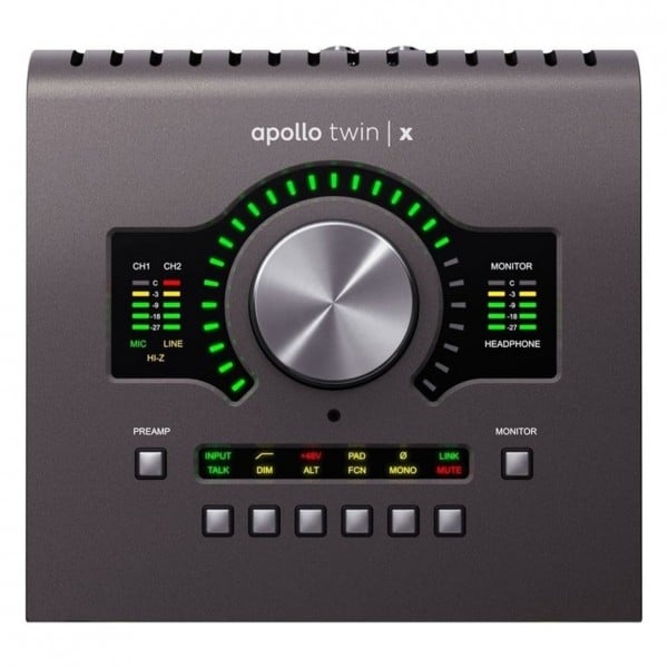 The Apollo Twin X audio interface showcases a large central knob, flanked by LED level meters for two channels on the left and monitor/headphone levels on the right. Positioned below are Preamp and Monitor buttons, accompanied by various other control buttons to manage different settings.