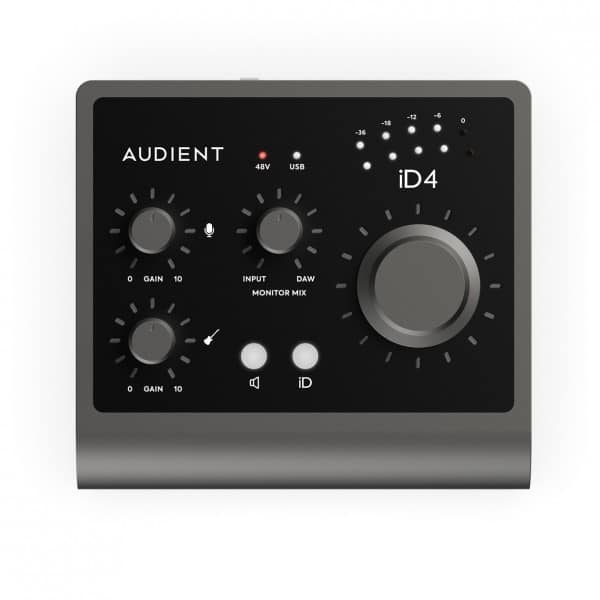 From a top-down perspective, an Audient iD4 audio interface showcases various controls including dials and knobs for gain adjustments, input selection, and monitor mixing. Additionally, there's a prominent large volume knob. LEDs display signal levels and USB power status. The casing combines dark gray and black tones.