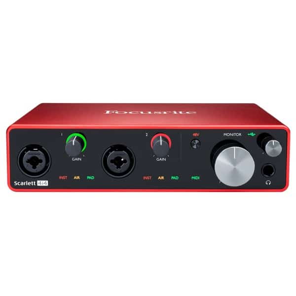 The Focusrite Scarlett 4i4 audio interface is a rectangular, red device equipped with multiple control knobs and input ports on the front panel. It features volume and gain controls, two XLR/TRS combo inputs, and various connection options for monitors and MIDI devices.
