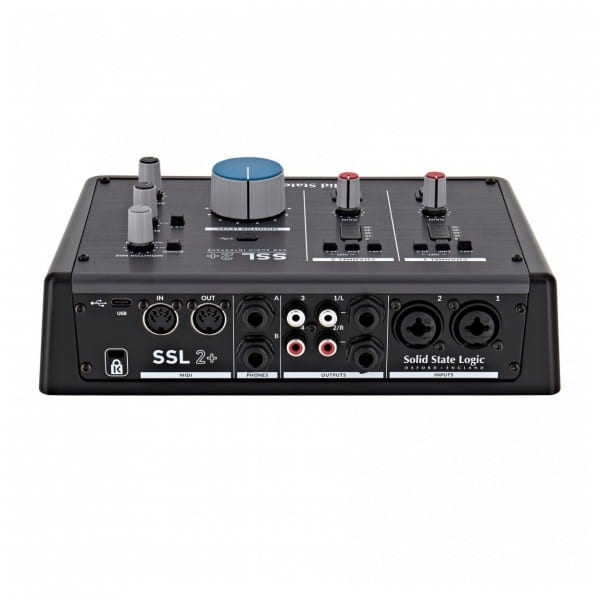 A black SSL 2+ audio interface, outfitted with multiple input and output ports such as XLR, quarter-inch, and RCA jacks. The device features various knobs and buttons for precise audio control, prominently displaying the brand name "Solid State Logic.